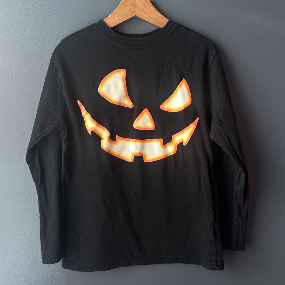 🎃 GLOW IN THE DARK kids long sleeved tee shirt black large 10/12 jack-o-lantern